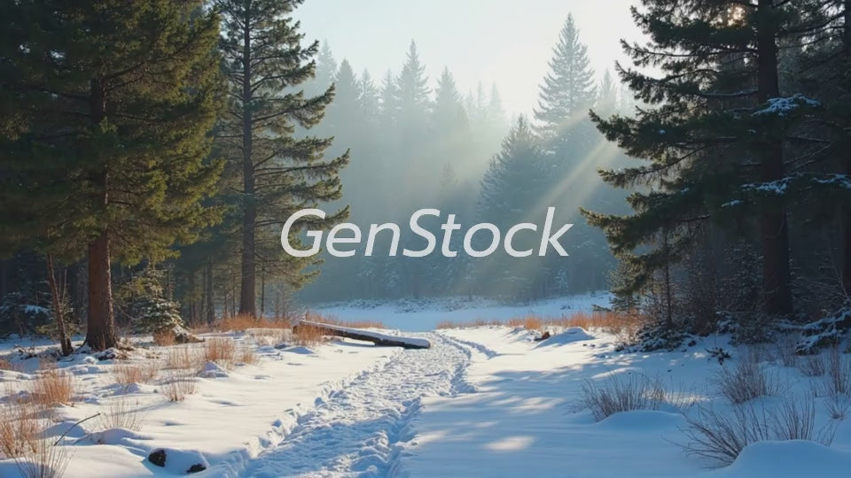 Snowy forest path tracks leading through tall pine trees in a winter wonderland setting, perfect for seasonal visuals.