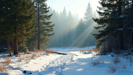 Snowy forest path with animal tracks, sunlight filtering through trees, perfect for winter-themed projects.
