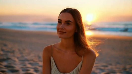 Smiling woman sitting on the beach at sunset, capturing the carefree spirit of seaside life.